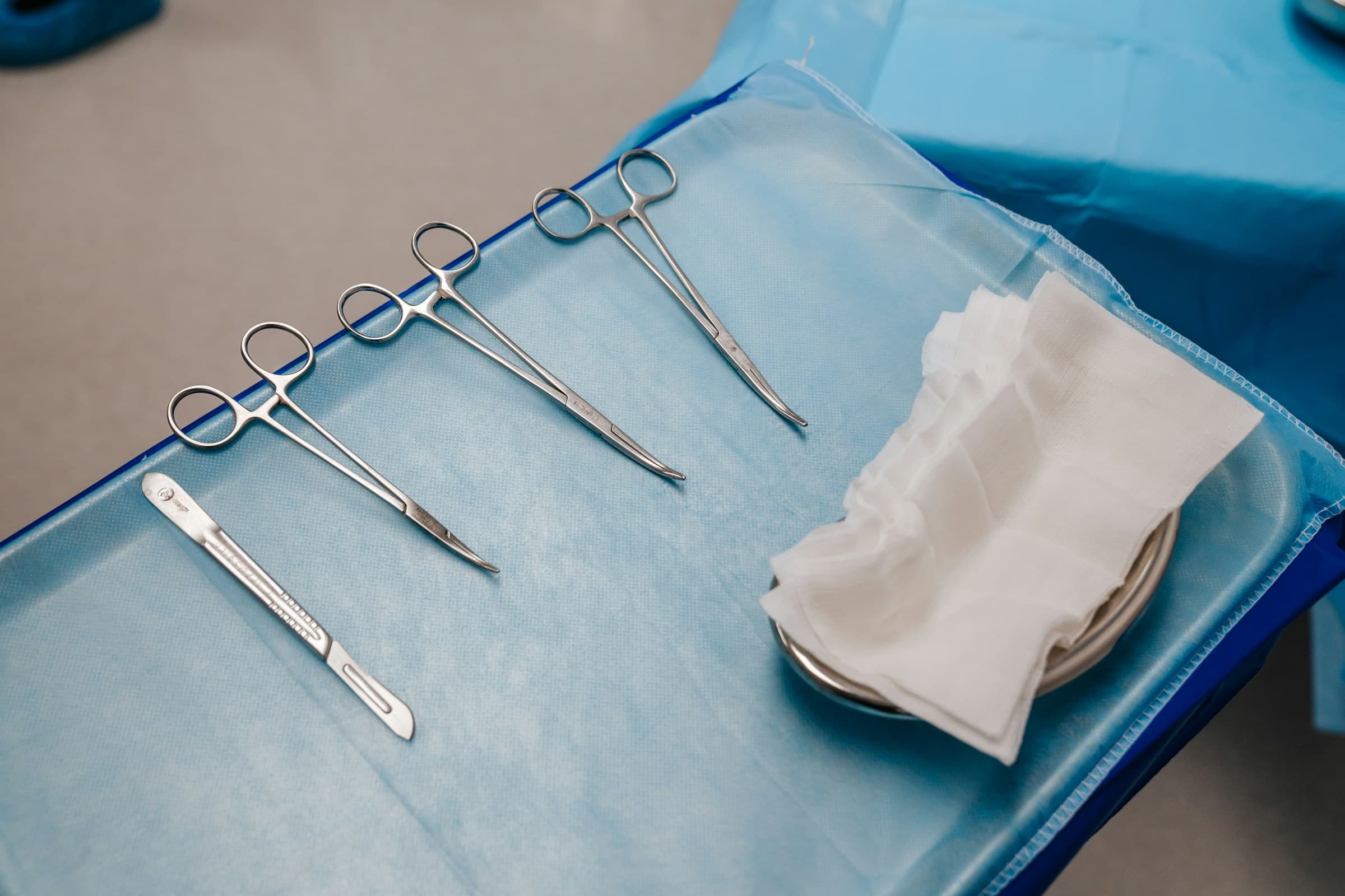 Surgical instruments organized on a metal tray — a curated set of precision tools